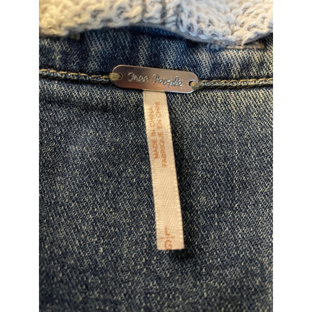 Free People Knit Hooded Denim Jacket Size L Distressed Jean Jacket Tomboy Edgy - Picture 14 of 14